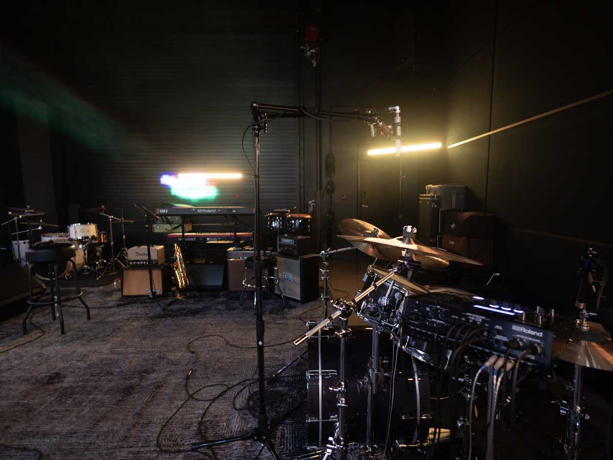 The Lulu Studio live room set up with drum kits, amps and microphones