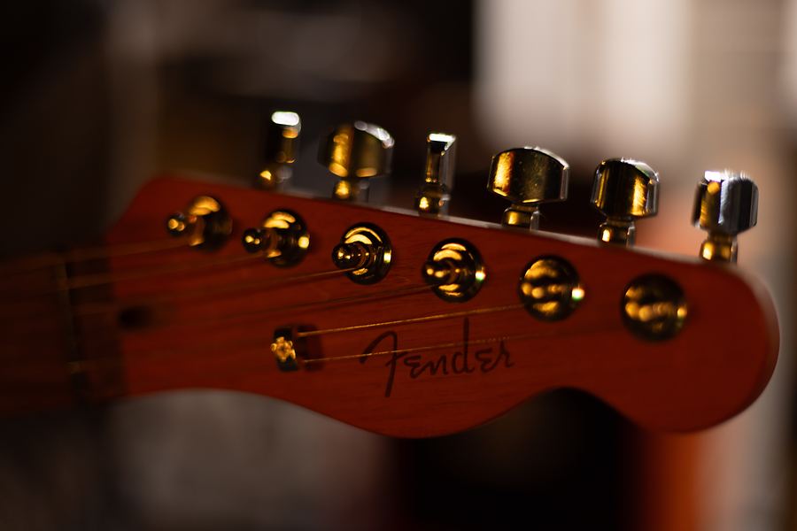 Close-up of a Fender guitar headstock and tuning pegs